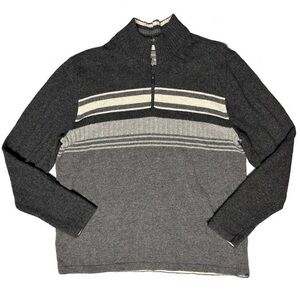 Eddie Bauer Knit Sweater Gray Striped Wool 1/4 Zip Mock Neck Pullover Men Large